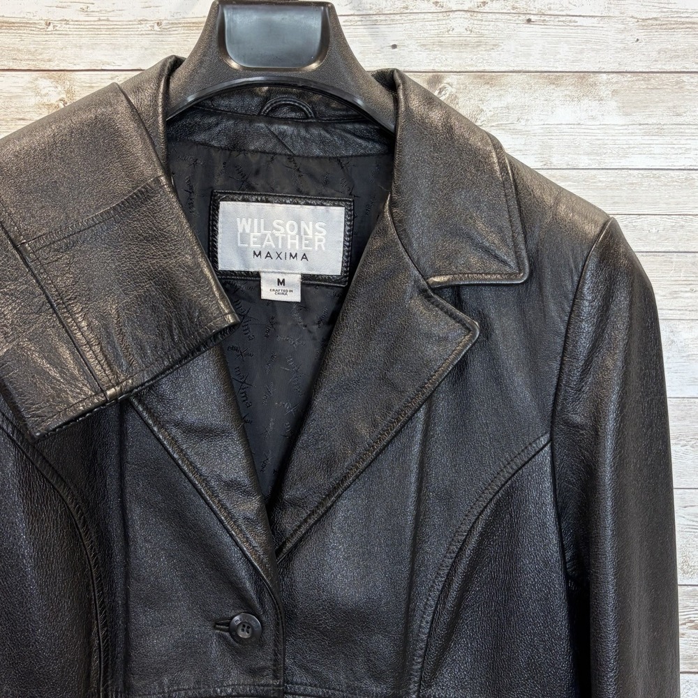 Vtg Wilsons Leather Maxima Womens M Jacket Black Leather Fitted 3 Button Y2K EUC